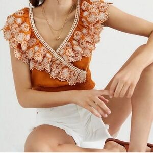 Anthropologie Embroidered Floral Ruffle Eyelet Top Small